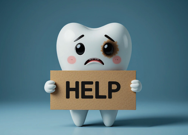 3D tooth cartoon with a "help" sign